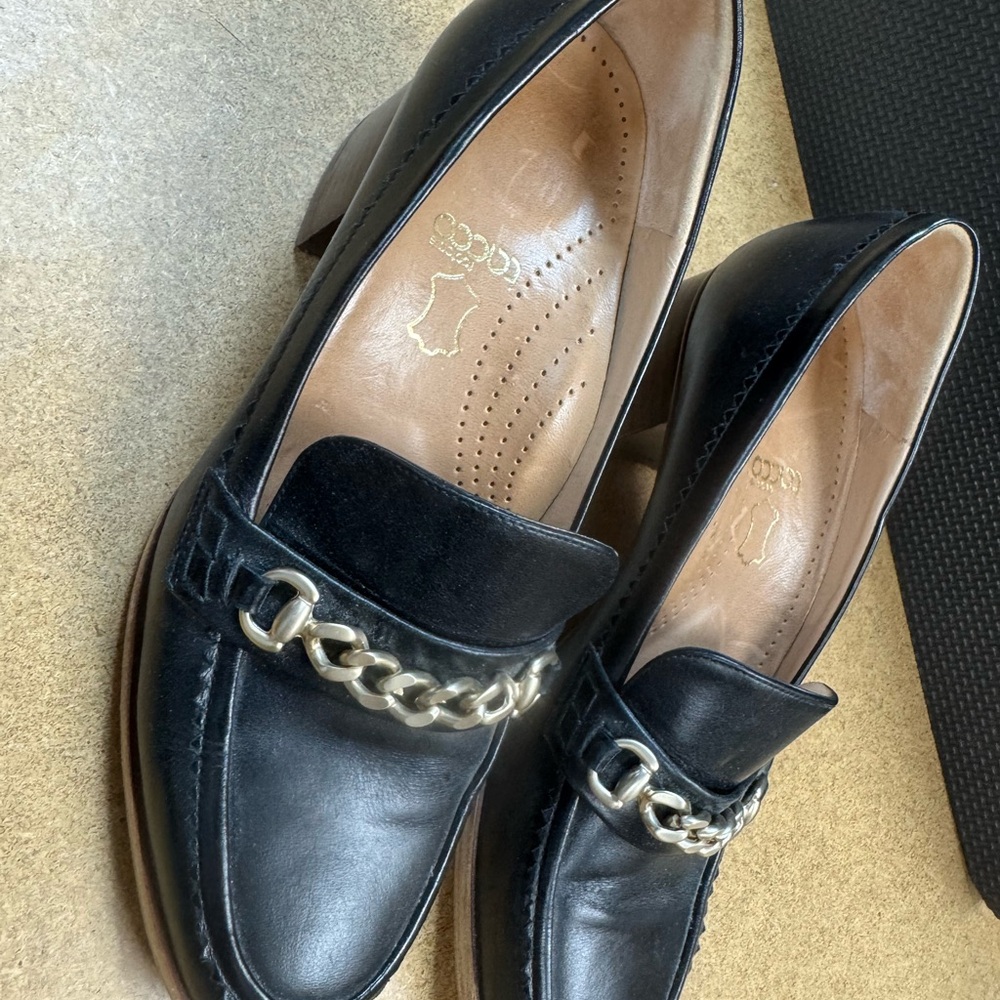 LK Bennett Black Leather Heeled Loafers with Gold Chain
